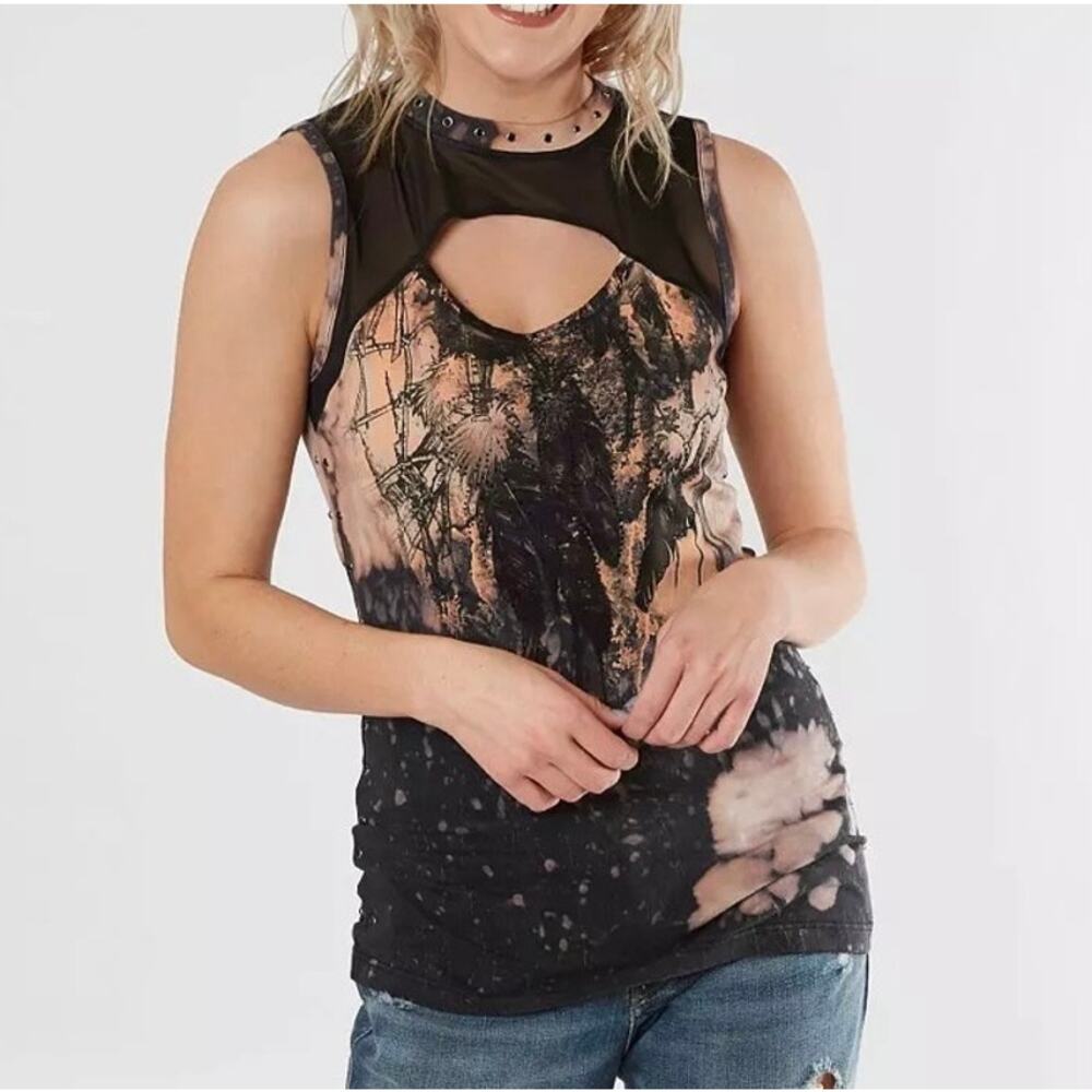 Affliction Wmns Sz S Black Bleached Dream Catcher Scoop Tank Top Studs Beads